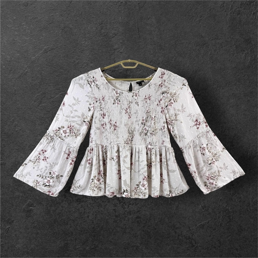 Torrid Floral Smocked Tunic Blouse Womens 3X White Bell‎ Sleeve Peplum
